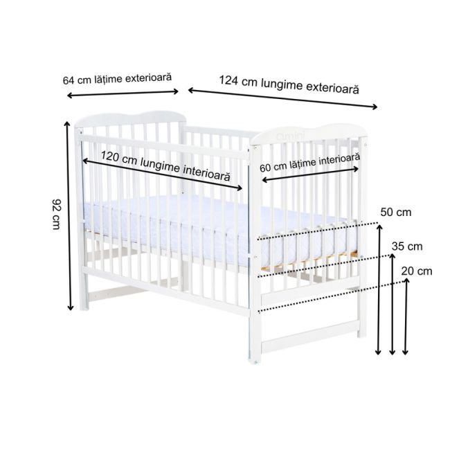 Qmini - Patut din lemn Agata 120x60 cm, Cu laterala culisanta, Din lemn de pin, Stabil si rezistent, Inaltime saltea reglabila pe 3 nivele, Laterala cu 3 bete detasabile, EN716-1, EN716-2, Alb + Saltea 10 cm BYNQMAGA10CM03AL