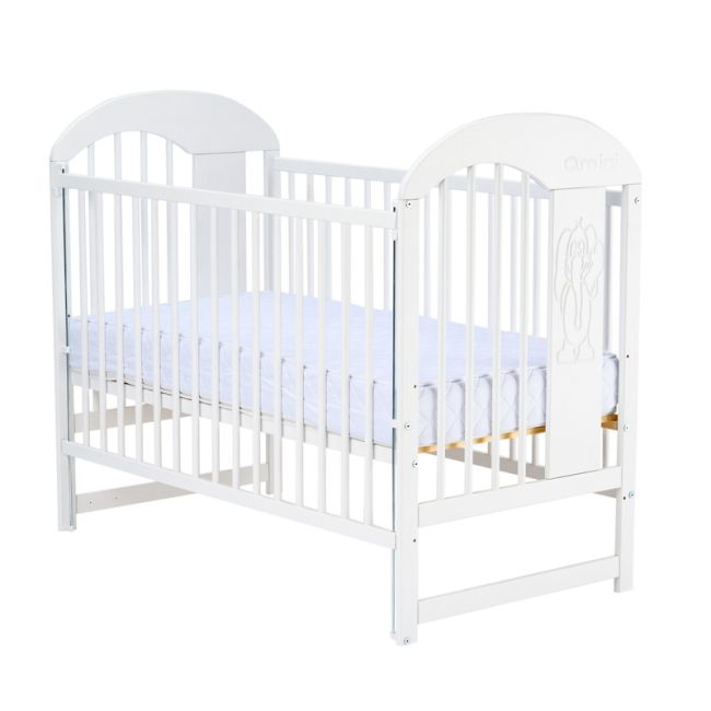 Qmini - Patut din lemn Julia II Elefantel 120x60 cm, Cu laterala culisanta, Din lemn de pin, Stabil si rezistent, Inaltime saltea reglabila pe 3 nivele, Laterala cu 3 bete detasabile, EN716-1, EN716-2, Alb + Saltea 10 cm BYNQMJUL10CM03AL