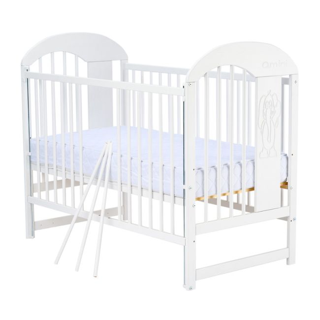 Qmini - Patut din lemn Julia II Elefantel 120x60 cm, Cu laterala culisanta, Din lemn de pin, Stabil si rezistent, Inaltime saltea reglabila pe 3 nivele, Laterala cu 3 bete detasabile, EN716-1, EN716-2, Alb + Saltea 12 cm BYNQMJUL12CM03AL