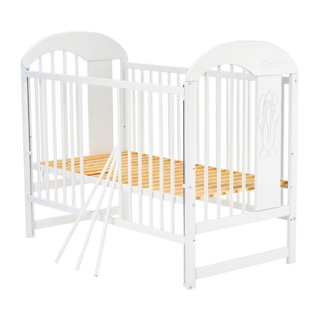 Qmini - Patut din lemn Julia II Elefantel 120x60 cm, Cu laterala culisanta, Din lemn de pin, Stabil si rezistent, Inaltime saltea reglabila pe 3 nivele, Laterala cu 3 bete detasabile, EN716-1, EN716-2, Alb + Saltea 12 cm BYNQMJUL12CM03AL