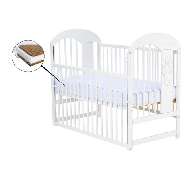 Qmini - Patut din lemn Julia II Elefantel 120x60 cm, Cu laterala culisanta, Din lemn de pin, Stabil si rezistent, Inaltime saltea reglabila pe 3 nivele, Laterala cu 3 bete detasabile, EN716-1, EN716-2, Alb + Saltea 12 cm BYNQMJUL12CM03AL