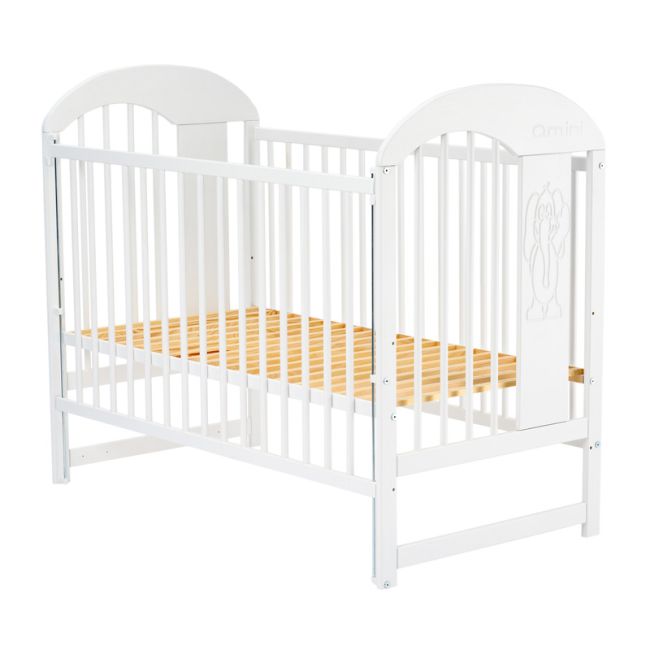 Qmini - Patut din lemn Julia II Elefantel 120x60 cm, Cu laterala culisanta, Din lemn de pin, Stabil si rezistent, Inaltime saltea reglabila pe 3 nivele, Laterala cu 3 bete detasabile, EN716-1, EN716-2, Alb + Saltea 8 cm BYNQMJUL8CM03AL