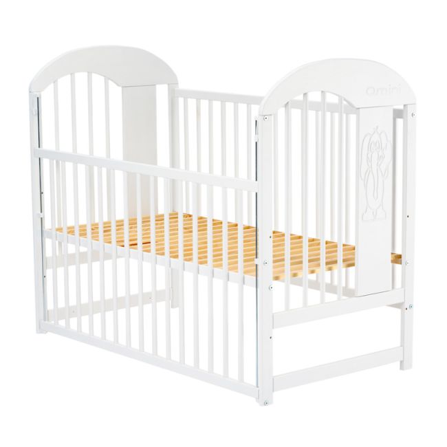 Qmini - Patut din lemn Julia II Elefantel 120x60 cm, Cu laterala culisanta, Din lemn de pin, Stabil si rezistent, Inaltime saltea reglabila pe 3 nivele, Laterala cu 3 bete detasabile, EN716-1, EN716-2, Alb + Saltea 8 cm BYNQMJUL8CM03AL