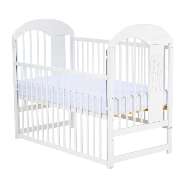 Qmini - Patut din lemn Julia II Elefantel 120x60 cm, Cu laterala culisanta, Din lemn de pin, Stabil si rezistent, Inaltime saltea reglabila pe 3 nivele, Laterala cu 3 bete detasabile, EN716-1, EN716-2, Alb + Saltea 8 cm BYNQMJUL8CM03AL