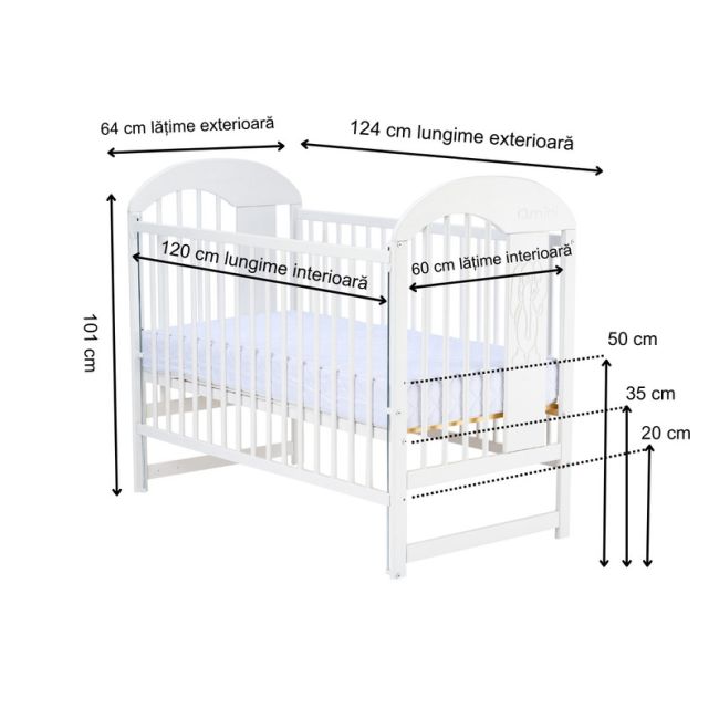Qmini - Patut din lemn Julia II Elefantel 120x60 cm, Cu laterala culisanta, Din lemn de pin, Stabil si rezistent, Inaltime saltea reglabila pe 3 nivele, Laterala cu 3 bete detasabile, EN716-1, EN716-2, Alb BYNQMJUL03AL