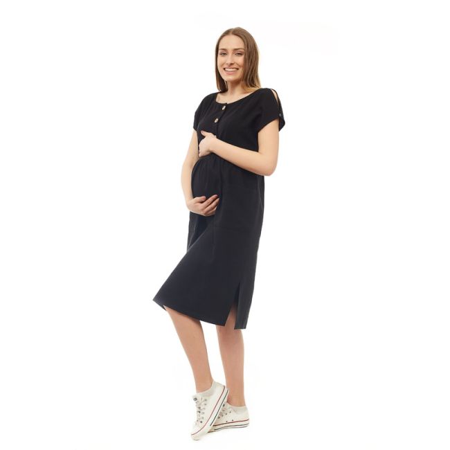 Qmini - Rochie pentru gravide si pentru alaptare, XXL/XXXL, Din in si poliester, Confortabila si lejera, Black BYNQM_4522_XXL/XXXL
