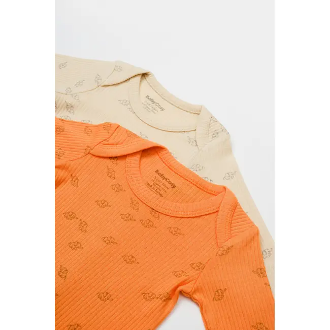Set 2 body-uri cu maneca lunga Printed, BabyCosy, 50% modal+50% bumbac, Stone/Apricot (Marime: 18-24 Luni) JEMBC-CSYM11317-18