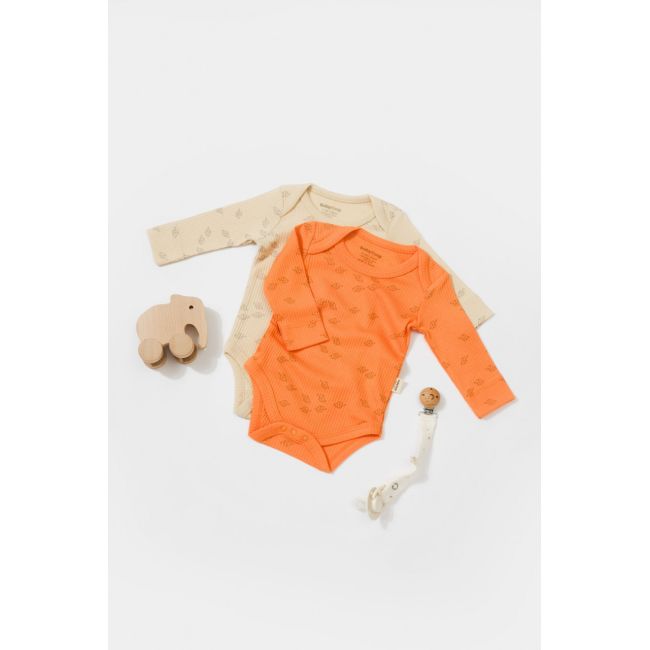 Set 2 body-uri cu maneca lunga Printed, BabyCosy, 50% modal+50% bumbac, Stone/Apricot (Marime: 3-6 Luni) JEMBC-CSYM11317-3