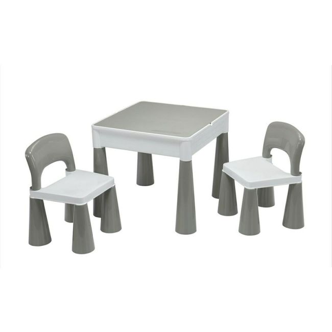 Set masuta si doua scaune pentru copii, Grey and White, Cu parte detasabila si reversibila, Partea reversibila pentru Lego Duplo, New Baby BYN49111