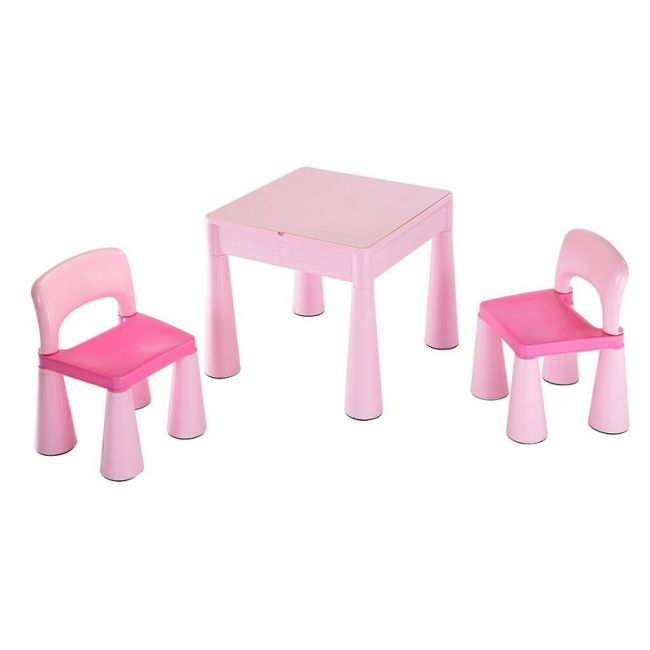 Set masuta si doua scaune pentru copii, Pink, Cu parte detasabila si reversibila, Partea reversibila pentru Lego Duplo, New Baby BYN39259