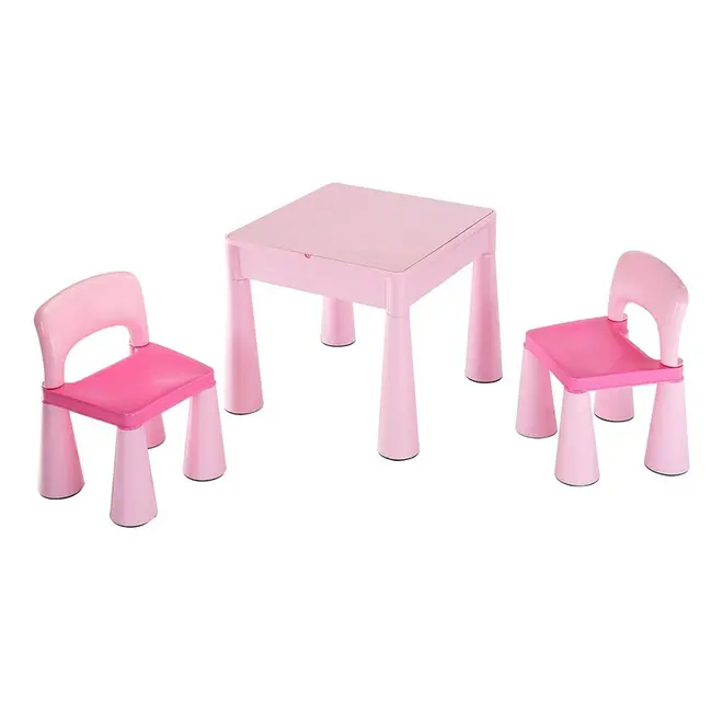 Set masuta si doua scaune pentru copii, Pink, Cu parte detasabila si reversibila, Partea reversibila pentru Lego Duplo, New Baby BYN39259