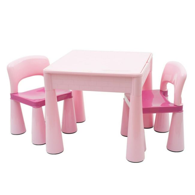 Set masuta si doua scaune pentru copii, Pink, Cu parte detasabila si reversibila, Partea reversibila pentru Lego Duplo, New Baby BYN39259