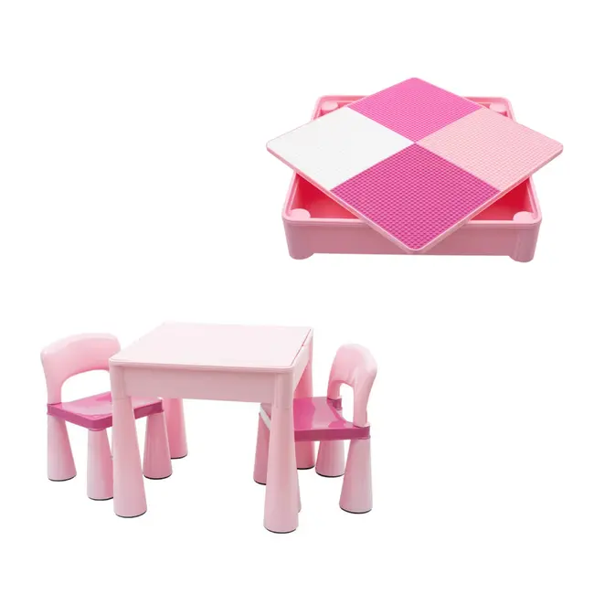 Set masuta si doua scaune pentru copii, Pink, Cu parte detasabila si reversibila, Partea reversibila pentru Lego Duplo, New Baby BYN39259