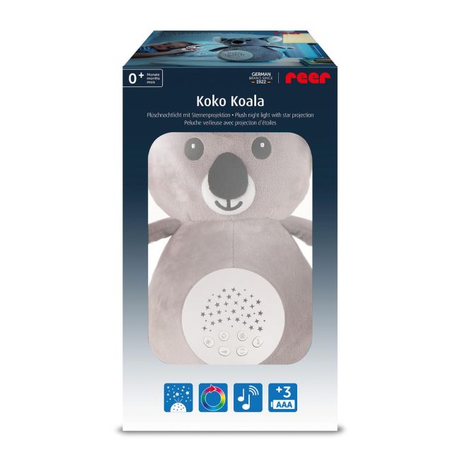 Jucarie din plus Koko Koala, lampa de veghe si proiector de stele cu muzica, senzor inteligent de plans, 0+ luni, Reer 52431