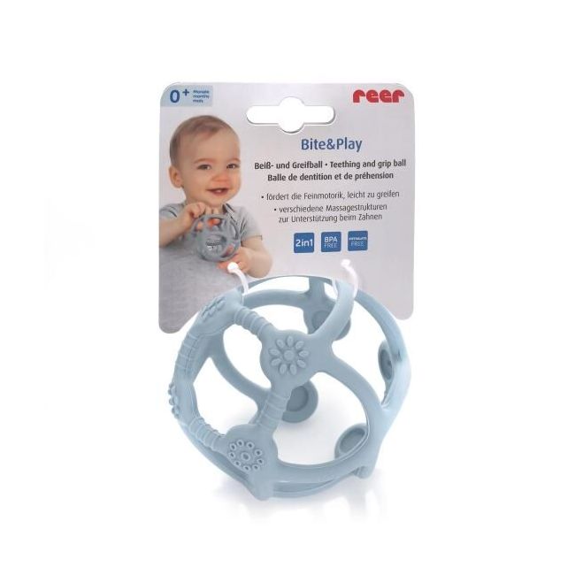 Jucarie pentru dentitie si minge 2in1, silicon, albastra, 0 luni+, Reer Bite&Play 79273