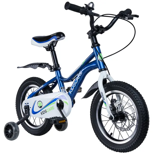 Bicicleta pentru copii 5-8 ani HappyCycles KidsCare, roti 16 inch, cu roti ajutatoare si frane pe disc, albastru SUPKC_HC16-blue