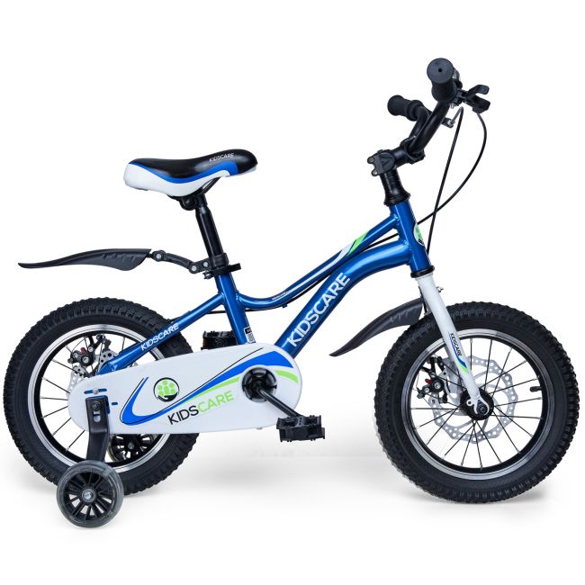 Bicicleta pentru copii 5-8 ani HappyCycles KidsCare, roti 16 inch, cu roti ajutatoare si frane pe disc, albastru SUPKC_HC16-blue