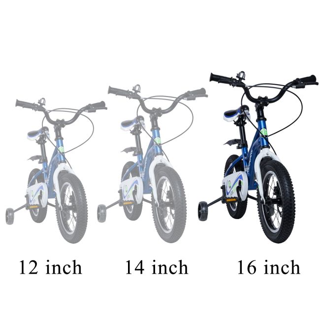 Bicicleta pentru copii 5-8 ani HappyCycles KidsCare, roti 16 inch, cu roti ajutatoare si frane pe disc, albastru SUPKC_HC16-blue