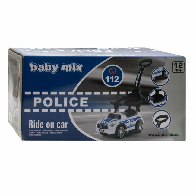 Masinuta de impins Police, Cu maner de impins detasabil, Cu protectii laterale, Cu melodii si claxon, Cu suport jucarii sub sezut, Baby Mix BYN45827