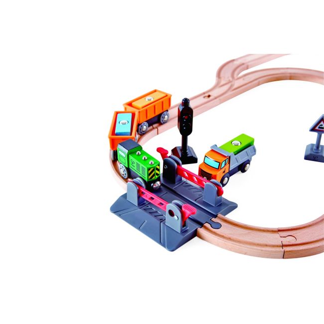 Jucarie din lemn - Set tren de marfa cu macara (34 piese) TSGE3732A