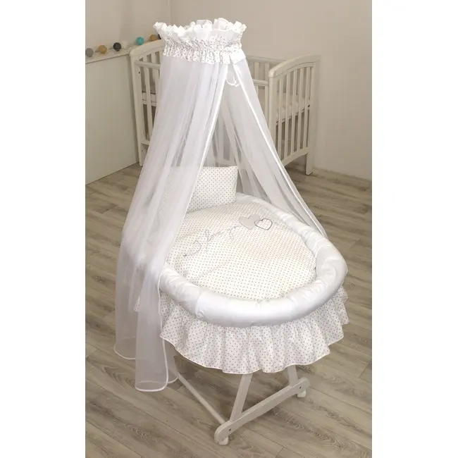 Cos Bebe Cu Suport Pe Roti, Saltea, Lenjerie Si Baldachin, I Love You Pjb84227