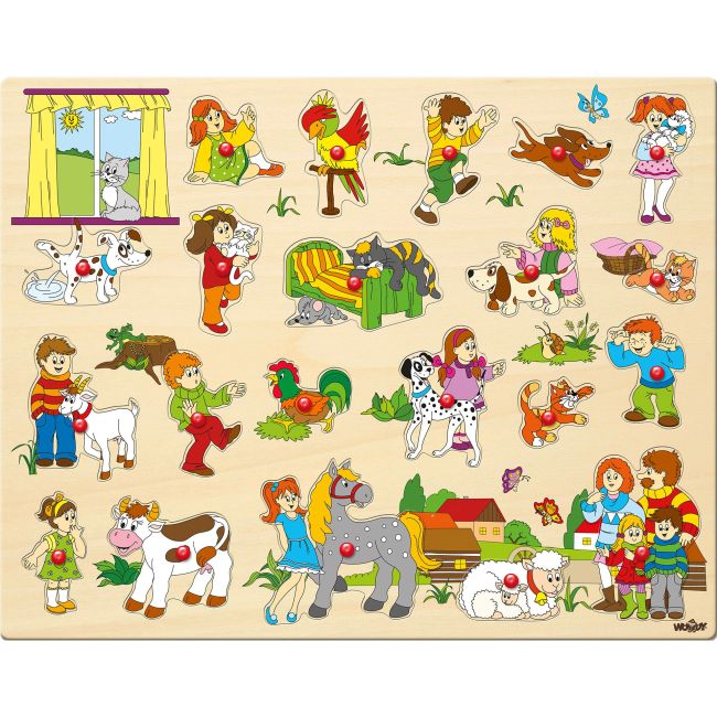 Puzzle din lemn cu butoni - Copii si animale (21 piese) TSG91912