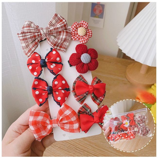 Set de 8 accesorii pentru par - Fundite rosii