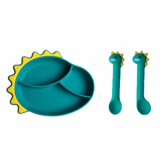 Set tavita cu trei compartimente si tacamuri din silicon - Dinozaur ADDTA28