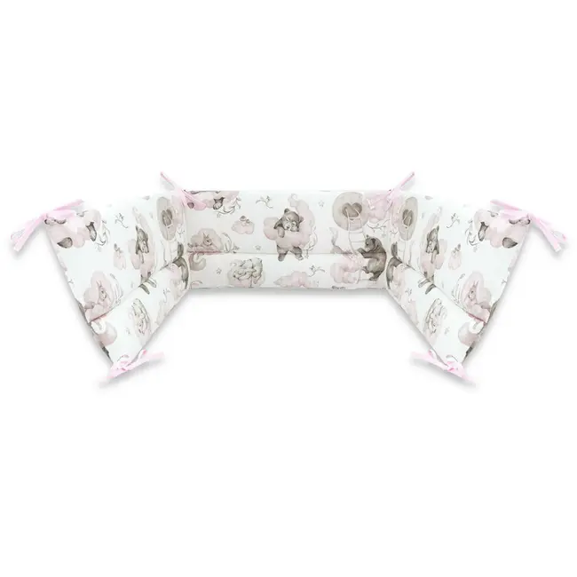 Qmini - Aparatoare pentru patut 140X70 cm, Din bumbac certificat Oeko Tex Standard 100, 210x30 cm, Cu panglici, Teddy Bear and Friends Pink BYN6426972021074
