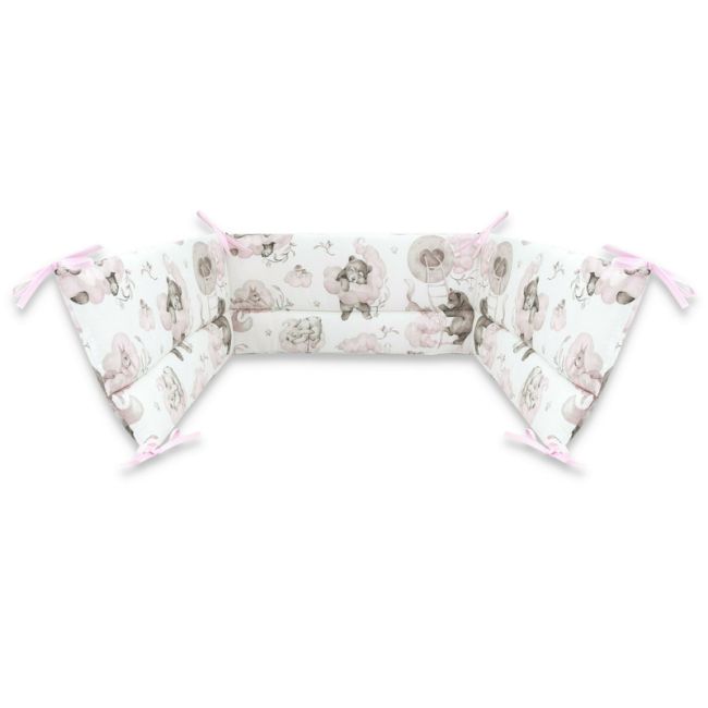 Qmini - Aparatoare pentru patut 140X70 cm, Din bumbac certificat Oeko Tex Standard 100, 210x30 cm, Cu panglici, Teddy Bear and Friends Pink BYN6426972021074