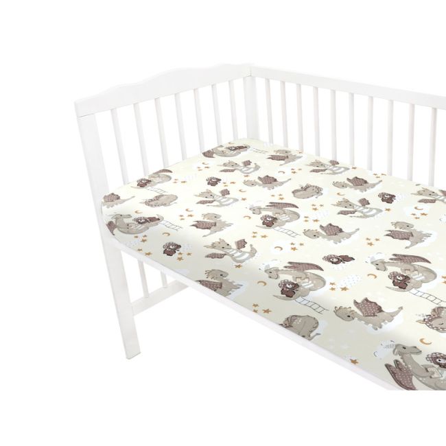 Qmini - Cearceaf cu elastic pentru patut 120X60 cm, Din bumbac certificat Oeko Tex Standard 100, Dragons Beige BYN6426972021661