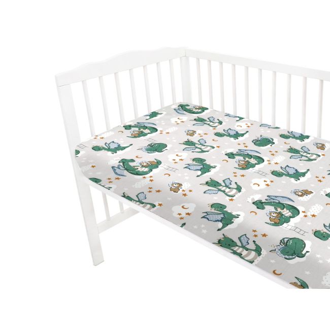 Qmini - Cearceaf cu elastic pentru patut 120X60 cm, Din bumbac certificat Oeko Tex Standard 100, Dragons Gray BYN6426972021678