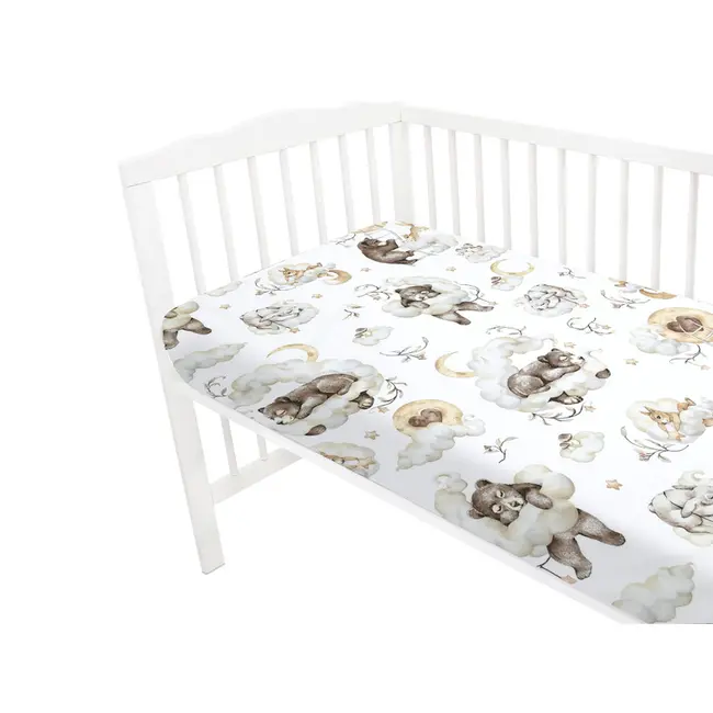 Qmini - Cearceaf cu elastic pentru patut 140X70 cm, Din bumbac certificat Oeko Tex Standard 100, Teddy Bear and Friends Beige BYN6426972021722