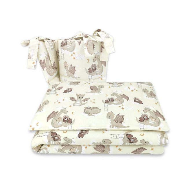 Qmini - Lenjerie patut 3 piese, Cu protectie laterala, Din bumbac certificat Oeko Tex Standard 100, Pentru patut 120x60 cm, Dragons Beige BYN6426972019835