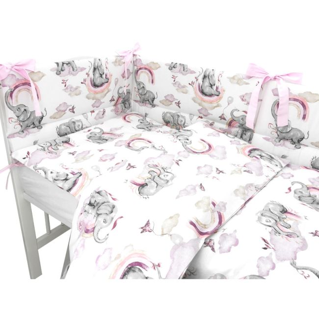 Qmini - Lenjerie patut 3 piese, Cu protectie laterala, Din bumbac certificat Oeko Tex Standard 100, Pentru patut 120x60 cm, Elephants on Rainbow Pink BYN6426972019910