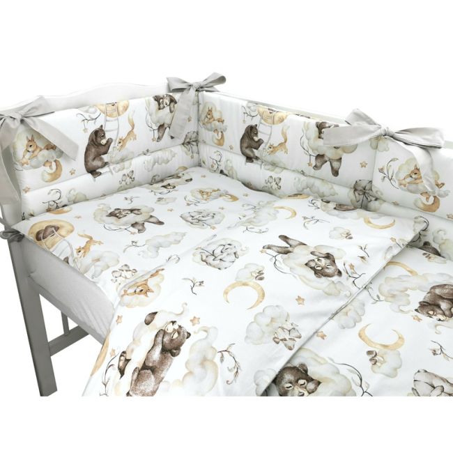 Qmini - Lenjerie patut 3 piese, Cu protectie laterala, Din bumbac certificat Oeko Tex Standard 100, Pentru patut 120x60 cm, Teddy Bear and Friends Beige BYN6426972019880