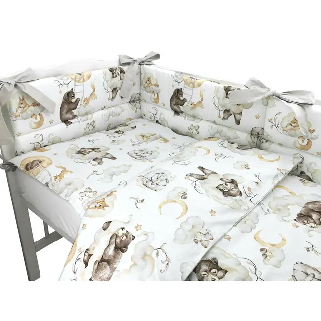 Qmini - Lenjerie patut 3 piese, Cu protectie laterala, Din bumbac certificat Oeko Tex Standard 100, Pentru patut 120x60 cm, Teddy Bear and Friends Beige BYN6426972019880