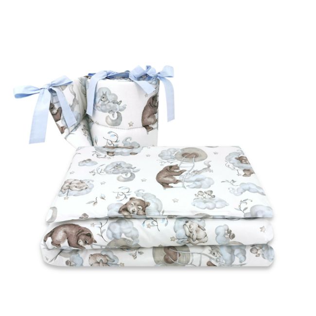 Qmini - Lenjerie patut 3 piese, Cu protectie laterala, Din bumbac certificat Oeko Tex Standard 100, Pentru patut 120x60 cm, Teddy Bear and Friends Blue BYN6426972019903