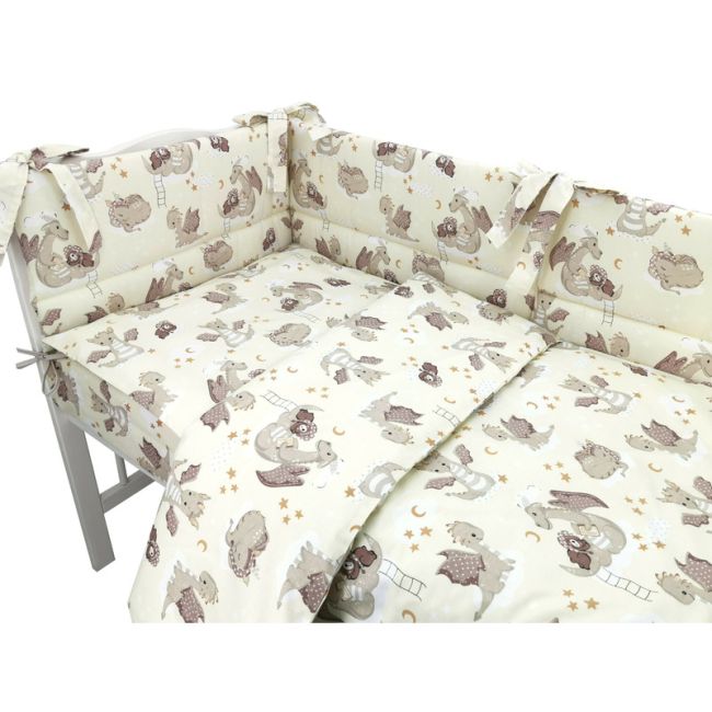 Qmini - Lenjerie patut 3 piese, Cu protectie laterala, Din bumbac certificat Oeko Tex Standard 100, Pentru patut 140x70 cm, Dragons Beige BYN6426972019774
