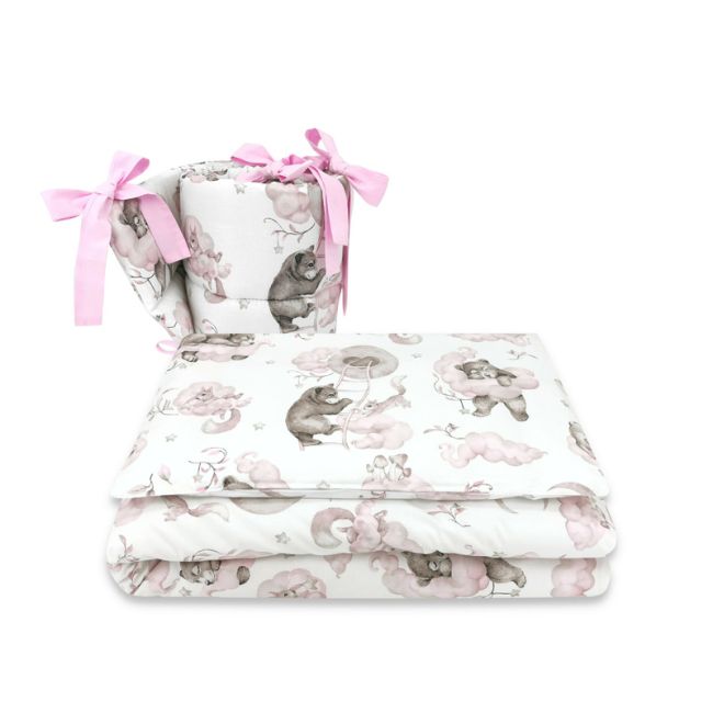 Qmini - Lenjerie patut 3 piese, Cu protectie laterala, Din bumbac certificat Oeko Tex Standard 100, Pentru patut 140x70 cm, Teddy Bear and Friends Pink BYN6426972019804