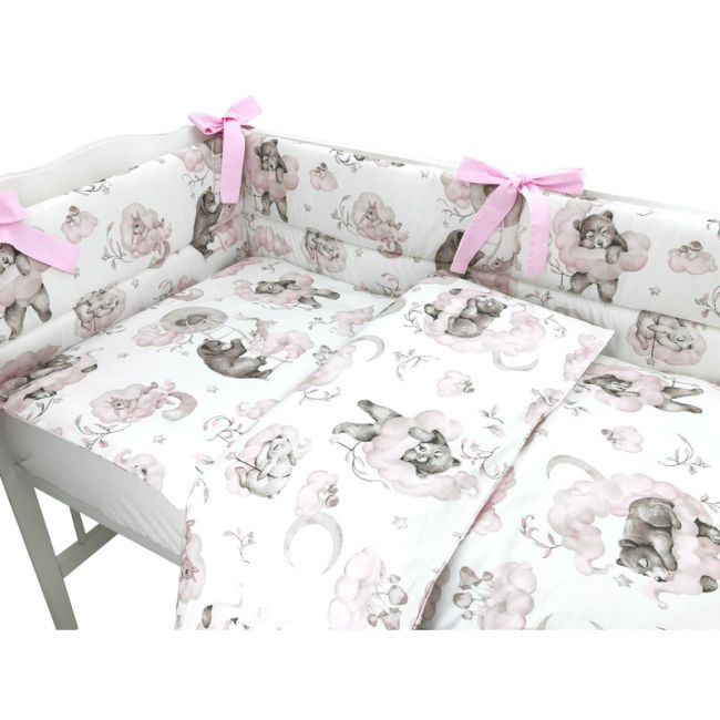 Qmini - Lenjerie patut 3 piese, Cu protectie laterala, Din bumbac certificat Oeko Tex Standard 100, Pentru patut 140x70 cm, Teddy Bear and Friends Pink BYN6426972019804