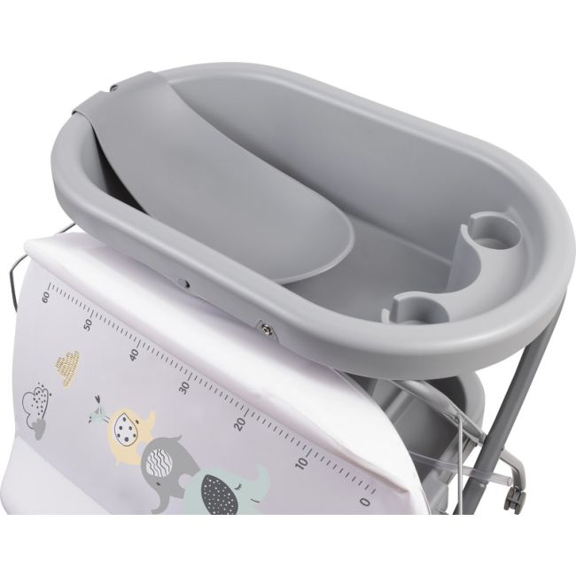 Cadita de baie cu hamac pentru nou nascut si masa de infasat, Cu roti, Cu suport metalic, Conform cu standardul european de securitate EN 12221-1:2008+A1:2013, EN 17072:2018, FreeON, Elephant BYN48648
