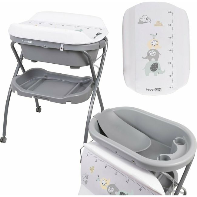 Cadita de baie cu hamac pentru nou nascut si masa de infasat, Cu roti, Cu suport metalic, Conform cu standardul european de securitate EN 12221-1:2008+A1:2013, EN 17072:2018, FreeON, Elephant BYN48648