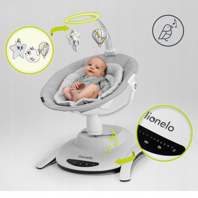 Lionelo - Balansoar multifunctional Bella, Electric, Scaun reglabil, Ecran tactil si telecomanda, 6 miscari unice, 5 viteze, Cu melodii, Gri BYNLO-BELLA_GREY_CONCRETE