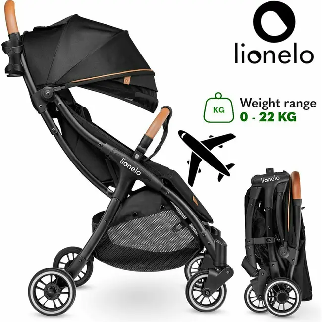 Lionelo - Carucior sport Julie One, De la nastere, Greutate redusa, Cu accesorii, Cadru din aluminiu, 0-22 kg, Conform cu standardele europene de securitate EN1888-1 si EN1888-2, Negru/Auriu BYNLO-JULIE_ONE_BLACK_GOLD