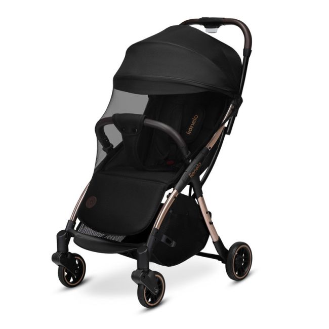 Lionelo - Carucior sport Julie One, De la nastere, Greutate redusa, Cu accesorii, Cadru din aluminiu, 0-22 kg, Conform cu standardele europene de securitate EN1888-1 si EN1888-2, Negru/Auriu BYNLO-JULIE_ONE_BLACK_GOLD