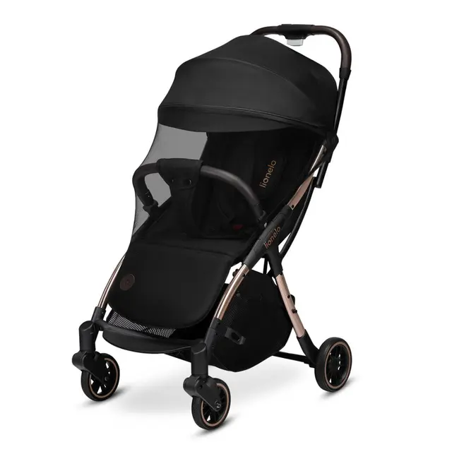 Lionelo - Carucior sport Julie One, De la nastere, Greutate redusa, Cu accesorii, Cadru din aluminiu, 0-22 kg, Conform cu standardele europene de securitate EN1888-1 si EN1888-2, Negru/Auriu BYNLO-JULIE_ONE_BLACK_GOLD