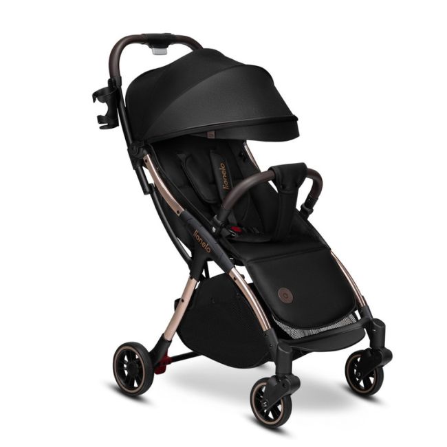 Lionelo - Carucior sport Julie One, De la nastere, Greutate redusa, Cu accesorii, Cadru din aluminiu, 0-22 kg, Conform cu standardele europene de securitate EN1888-1 si EN1888-2, Negru/Auriu BYNLO-JULIE_ONE_BLACK_GOLD