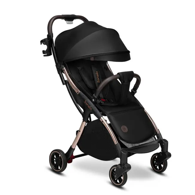 Lionelo - Carucior sport Julie One, De la nastere, Greutate redusa, Cu accesorii, Cadru din aluminiu, 0-22 kg, Conform cu standardele europene de securitate EN1888-1 si EN1888-2, Negru/Auriu BYNLO-JULIE_ONE_BLACK_GOLD