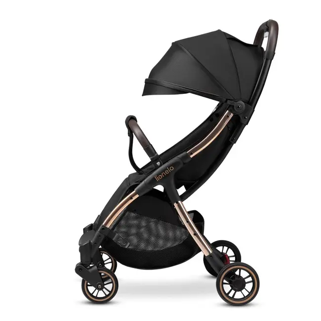 Lionelo - Carucior sport Julie One, De la nastere, Greutate redusa, Cu accesorii, Cadru din aluminiu, 0-22 kg, Conform cu standardele europene de securitate EN1888-1 si EN1888-2, Negru/Auriu BYNLO-JULIE_ONE_BLACK_GOLD